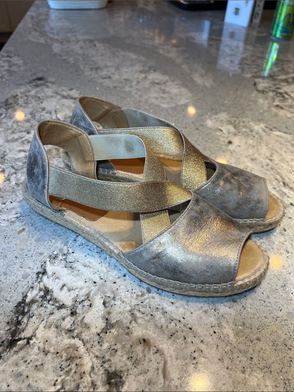 kanna Metallic Silver Cross-Strap Espadrille Sandals